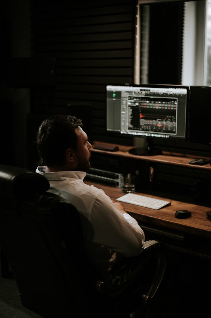 Businessman focused on work, analyzing data on dual monitors in tech office.